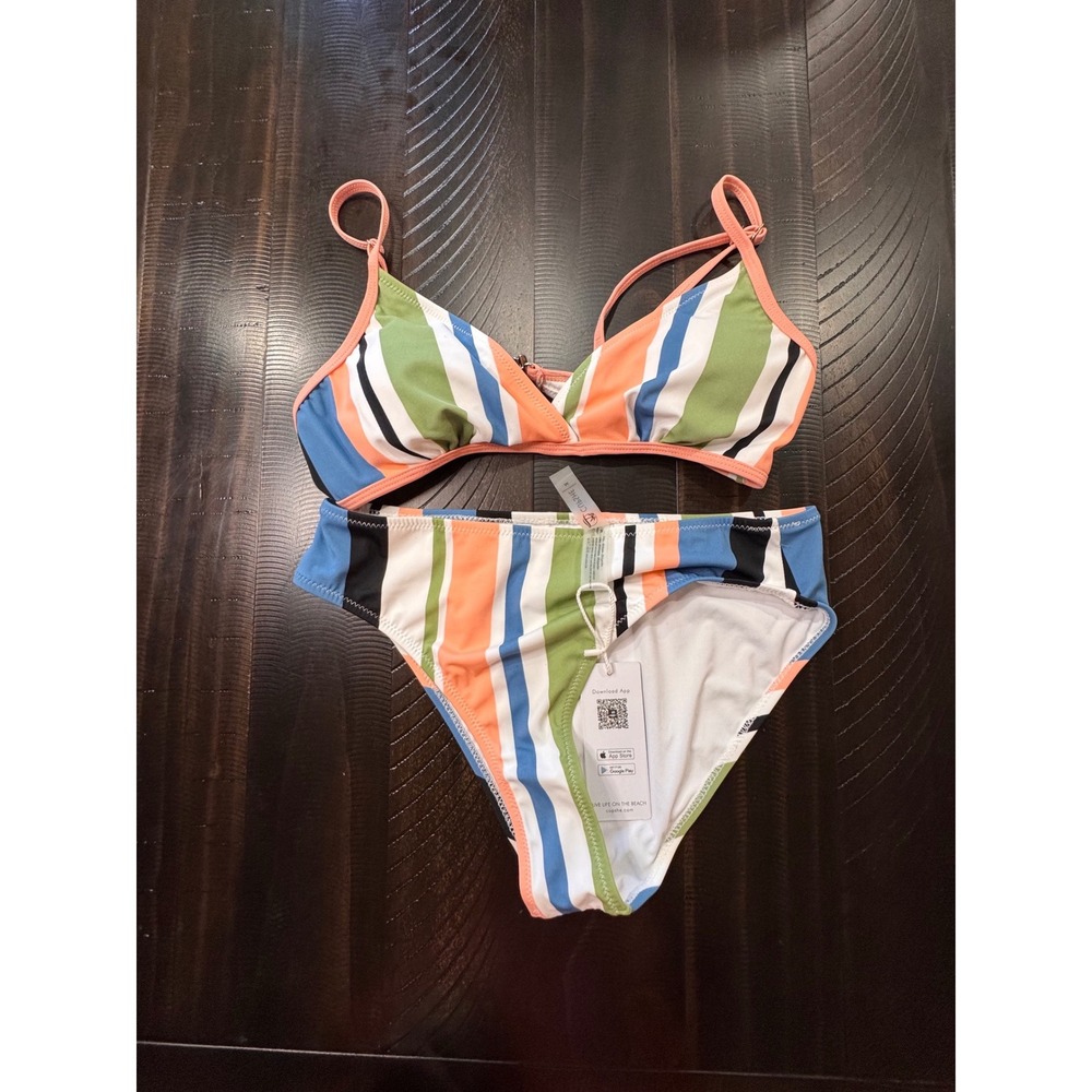 Cupshe Womens Striped Triangle Bikini Set Orange Green Blue Multi Size Medium